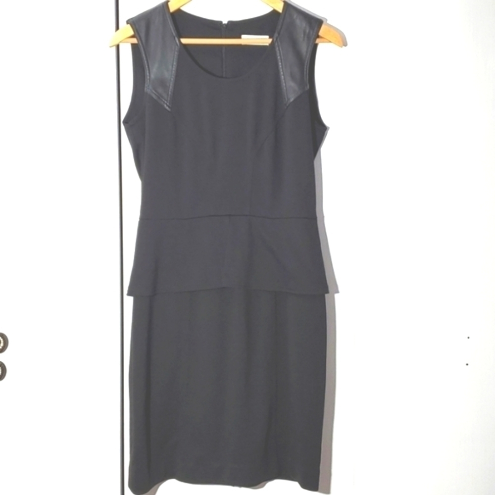Calvin Klein Faux Leather Trim Black Midi Sheath Body Con dress Size 4